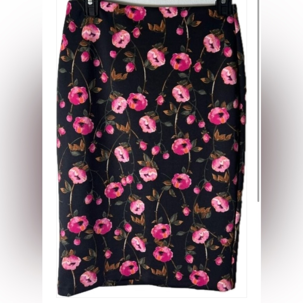 Whimsigoth Pink Poppy Print WHBM Flower Fairy Botanical Black Scuba Midi Skirt!!